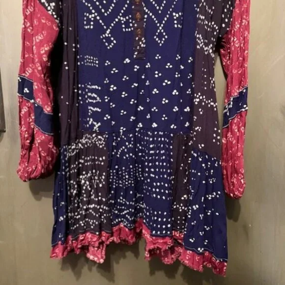 Free People Shibori Swing / Baby Doll Mini Dress with Balloon (Puff) Sleeves - Picture 9 of 16